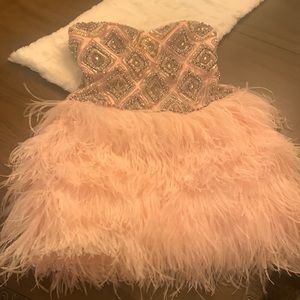 Sherri Hill Pink Feathered Strapless Cocktail